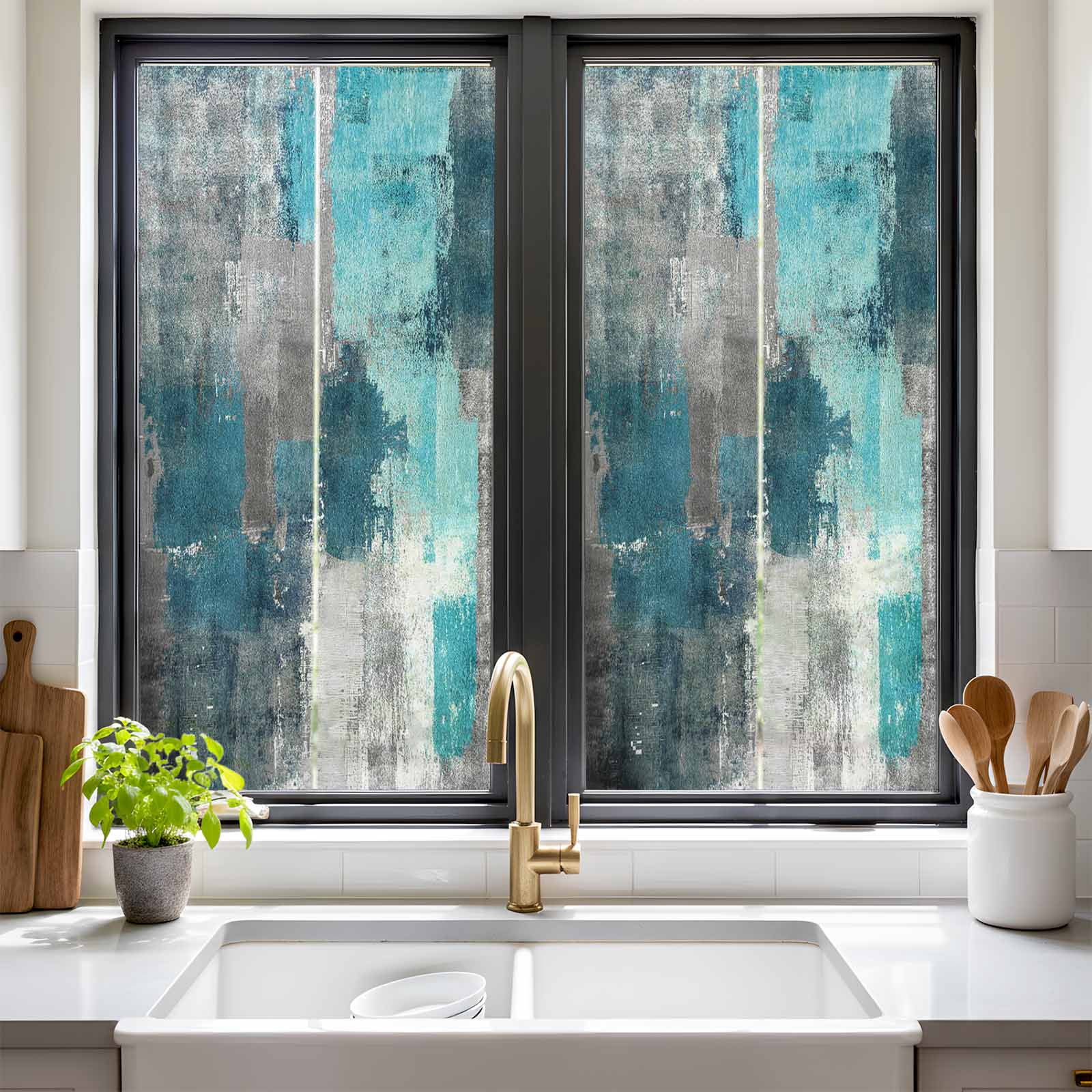 Teal Grey Privacy Window Film, Decorative Frosted Glass Window Film, Modern Oil Painted Abstract Art Aesthetics Reusable Peel and Stick Static Cling for Home Bathroom Office Glass Door 17.7"x39.3"