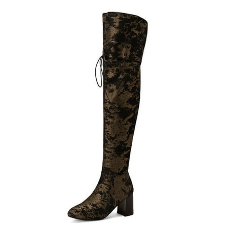 

GENILU Ladies Non Slip Zipper Thigh High Boot Block Heeled Winter Shoes Business Heels Over The Knee Boots Black 5