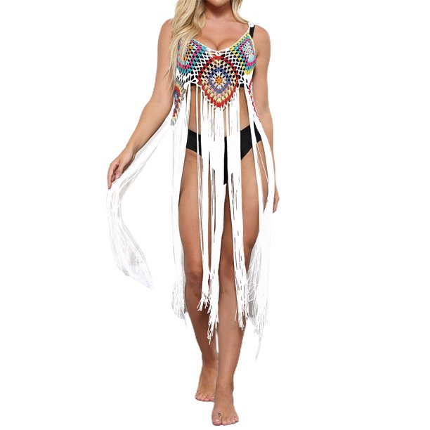 VISgogo - Bikini para mujer, sin mangas, para playa, con borlas caladas, vestido de verano VISgogo moda