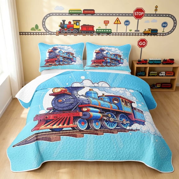 Erosebridal Train Twin Quilt Set, Steam Engine Twin Coverlet Set, Blue Cartoon 2pcs 1 Bedspread and 1 Pillowcase