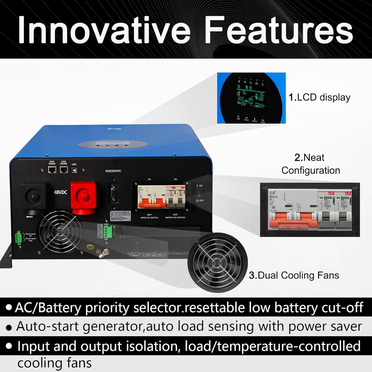 8KW Solar Hybrid Inverter Off Grid Inverter 110/220Vac Low Frequency DC 48V AC Input 240V AC Output 120V/240V Split Phase Pure Sine Wave Power Converter with 2x80A MPPT Charger Controller 8000W