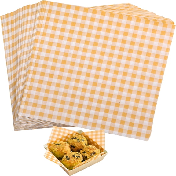 CCOCC Waxed Deli Paper Sheets 7 * 7 Inch,100 Pcs Food Basket Liners for Sandwiches,Burgers,Checkered Deli Wrap Wax Paper Sheets Orange