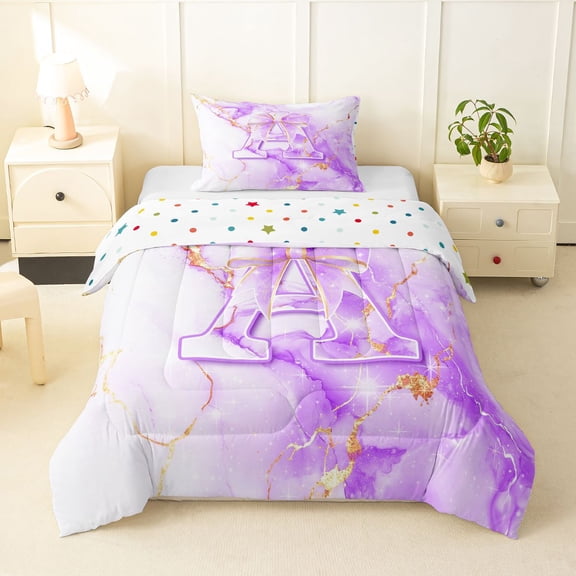Manfei Purple Bow Twin Comforter Sets,Girls Personalized Letter A Bedding Set,Polkadot Reversible,2pcs,1 Comforter and 1 Pillowcase