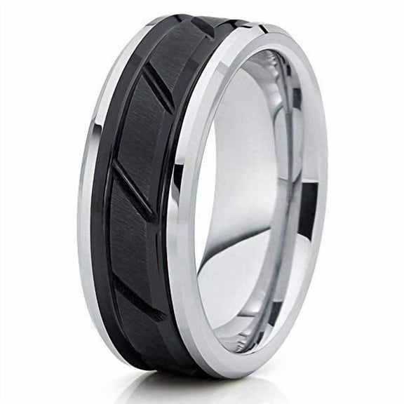 Silly Kings Jewelry 8mm Grooved Brushed Black Tungsten Carbide Ring Wedding Band (6) (6)