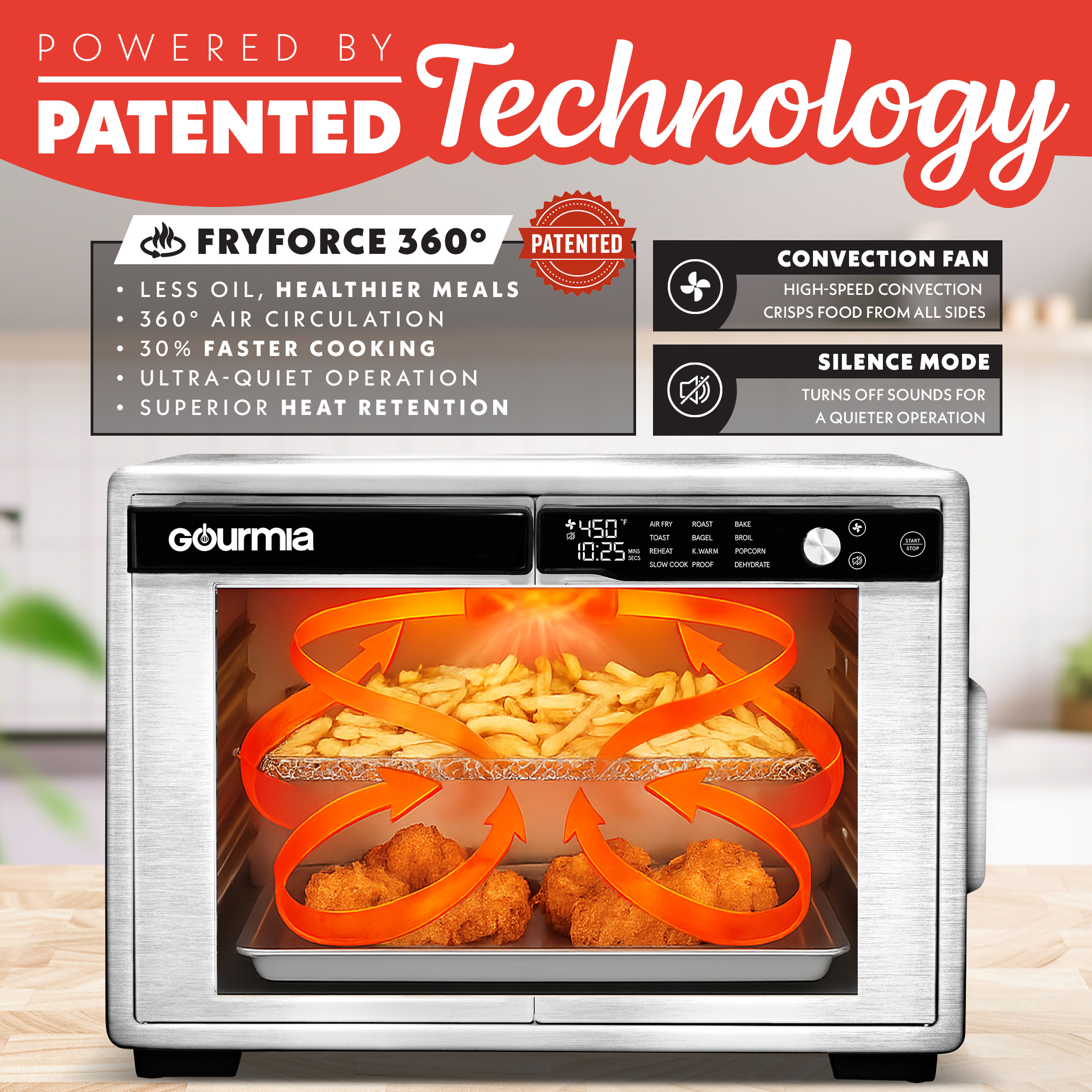 Gourmia Air Fryer French Door Toaster Oven - 9 Slice Capacity, 12 Presets, Stainless Steel