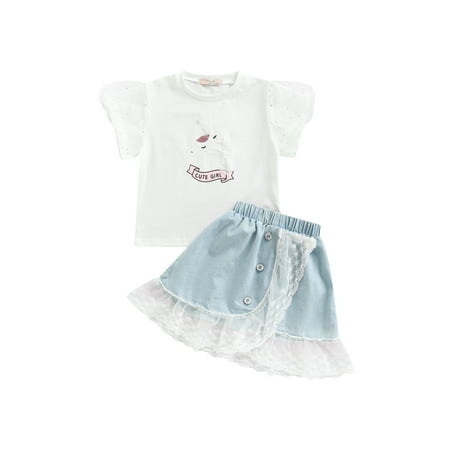 

TheFound Kid Baby Girl Outfit Mesh Short Sleeve Cartoon Print Top T-Shirt A Line Denim Skirt 2PCS Clothes