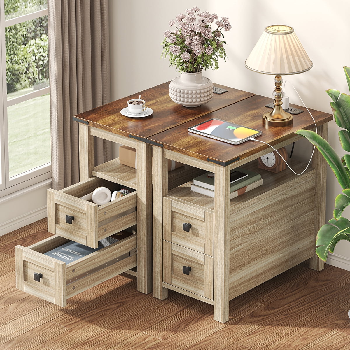 VVFLU Farmhouse End Table with Charging Station, Oak Nightstand Narrow, Skinny Slim Small, Bedroom
