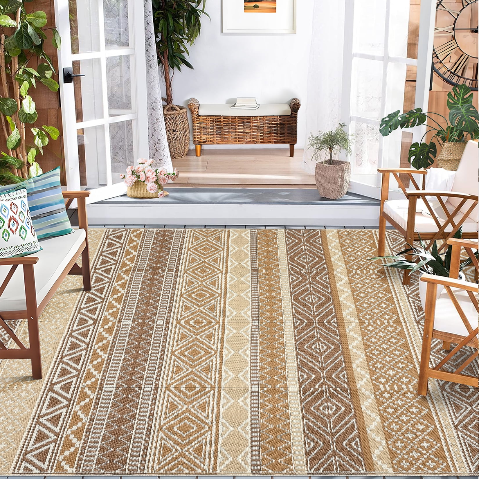 Sunvasagoo Waterproof Reversible Outdoor Rug – Lightweight Portable Patio MWaterproof Reversible Outdoor Rug – Lightweight Portable Patio Mat for Camping, RV, Deck, Porch – UV & mark Resistant