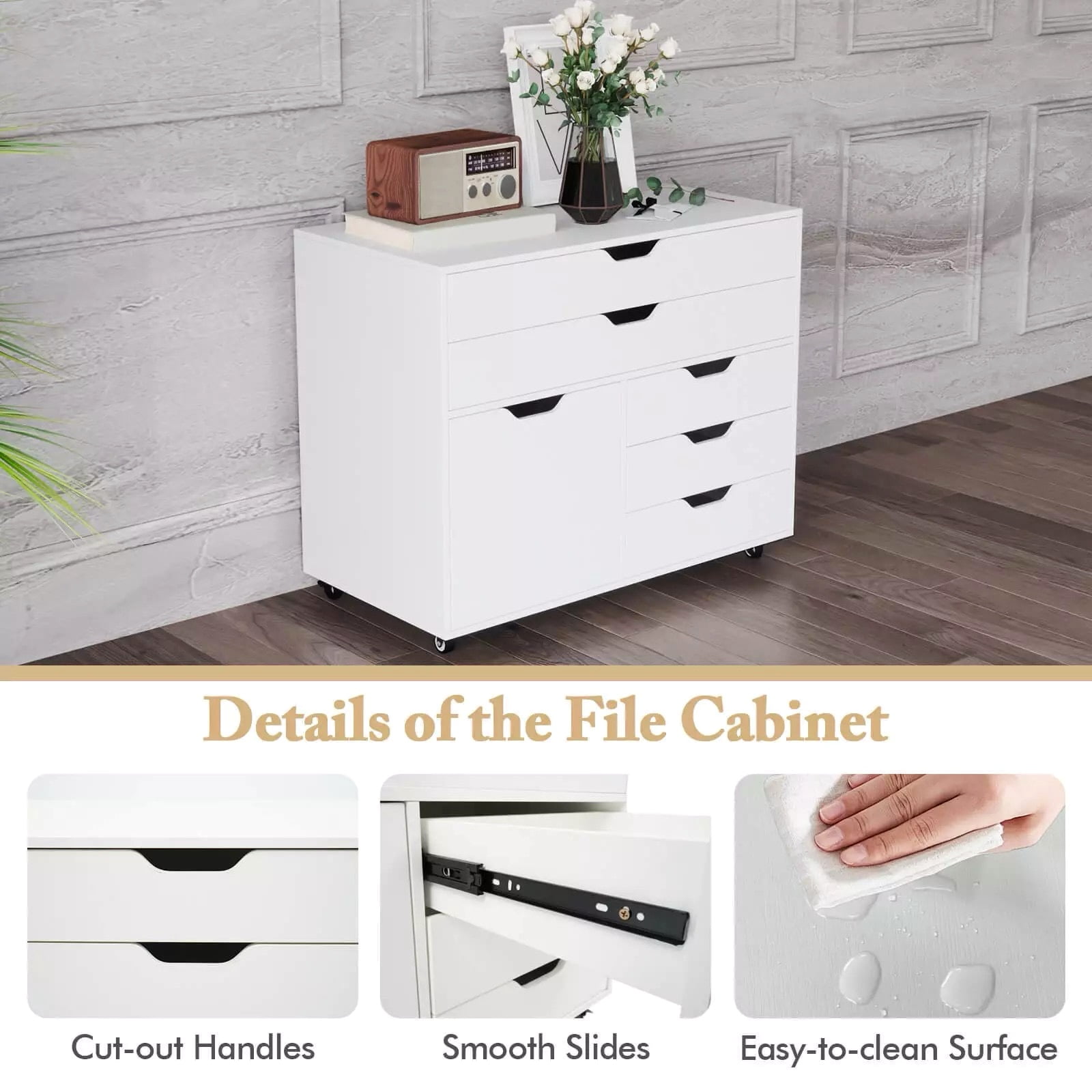 Harmijoy 5-Drawer File Cabinet w/Side Cabinet, Mobile Chest of Drawers w/ Side Cabinet, Door Cabinet with 5 Casters, Rolling Lateral Filing Cabinet