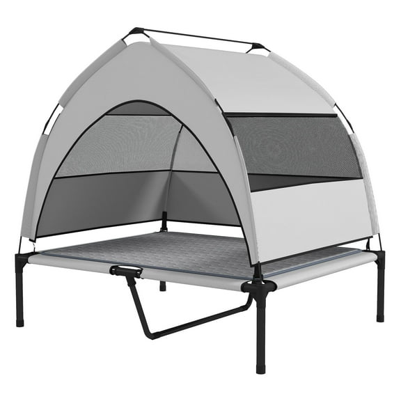 Elevated Dog Bed with Canopy, Portable Outdoor Dog Cot with Cooling Pad, 36x29.5x35in