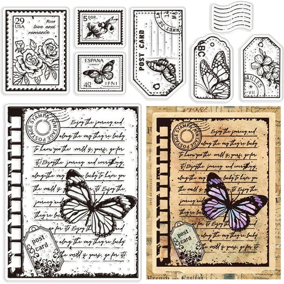 Vintage Butterfly Text Clear Rubber Stamps Flowers Postage Reusable Silicone Transparent Seals for Journaling Card Making Friends DIY Scrapbooking Photo Frame Album Decor 6.3 x 4.3inch