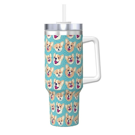 

Gaeub Cute Corgi Head Print Stainless Steel Hot/Cold Coffee Cup 40oz Ice Bully Cup With Handle And Straw Travel Coffee Cup
