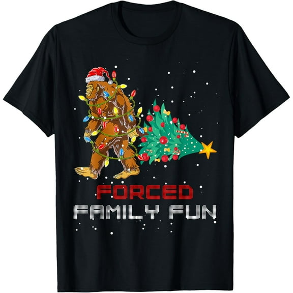 Forced Family Fun Funny Bigfoot Carrying Christmas Tree T-Shirt