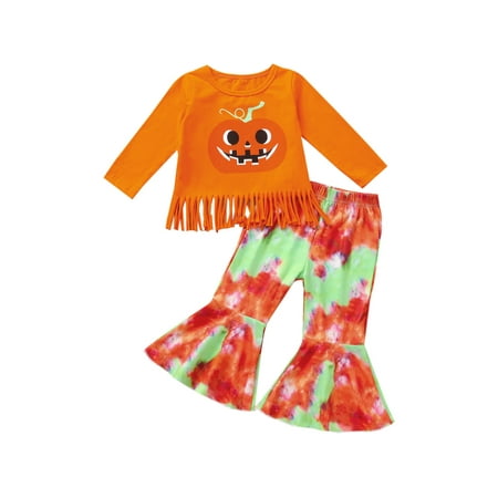 

Bagilaanoe 2Pcs Toddler Baby Girl Halloween Outfits Pumpkin Print Long Sleeve Tops Tie-Dyed Flared Trousers 1T 2T 3T 4T 5T 6T Kids Infant Fall Long Pants Set