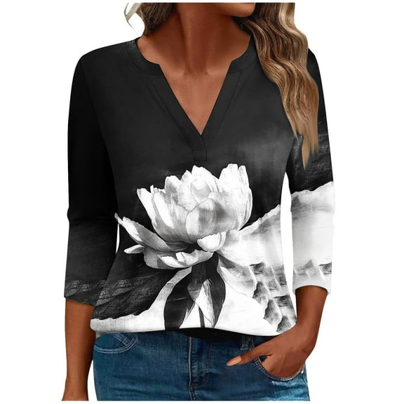 CYMMPU Blouses for Women Dressy Casual V Neck 3/4 Sleeve Fall Trendy Shirts Tunic Tops Spring Tops Floral Printed Loose Fit Business Elegant Work Tops T-Shirts Multicolor XXXXL