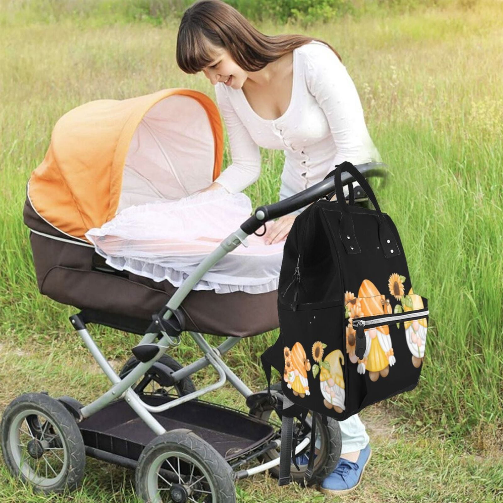 Fuzoiu Hello Spring Sunflower Gnomes Print Diaper Bag Backpack,Baby Essentials Travel Tote,Multi function Waterproof Diaper Bag, Travel Essentials Baby Bag - Unisex