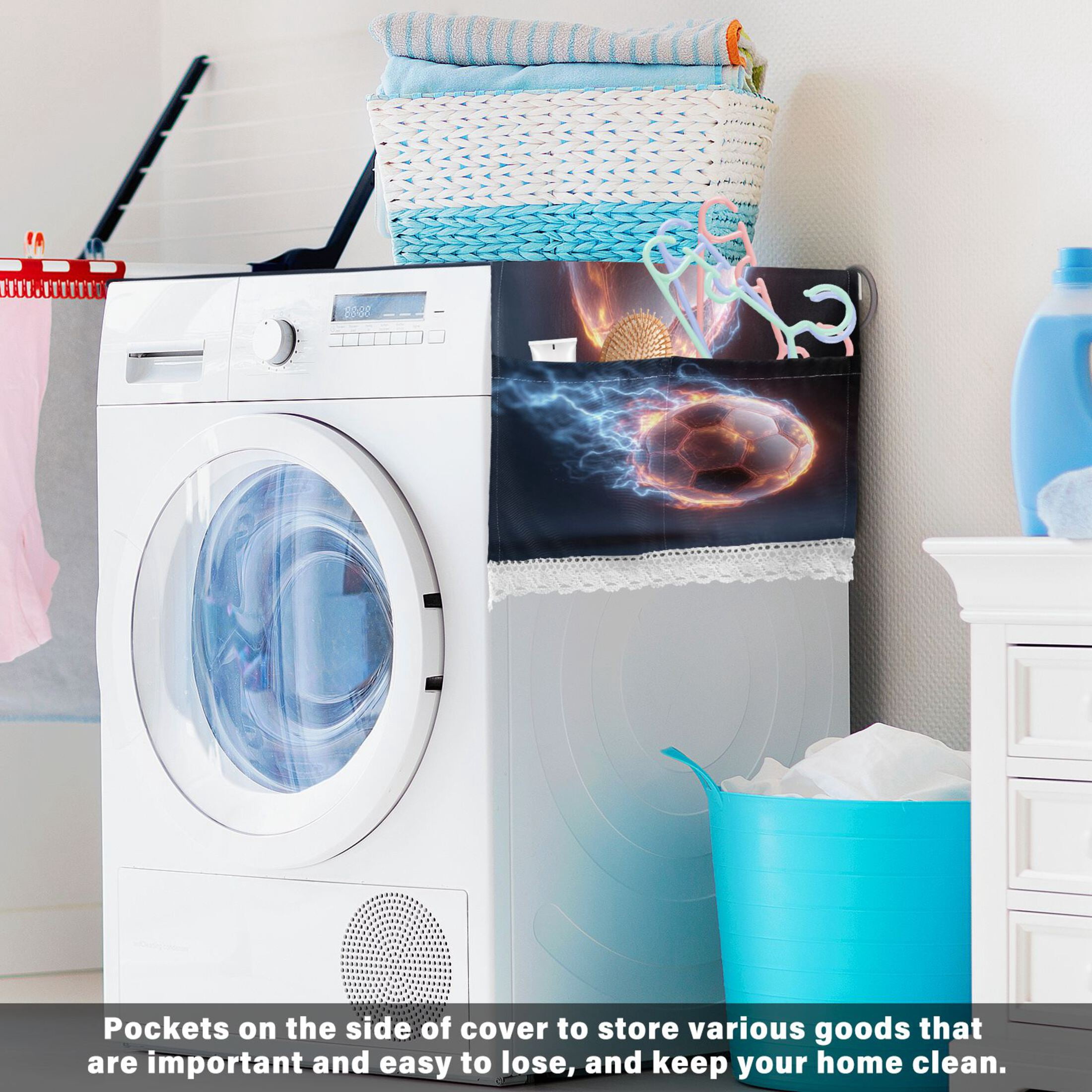 Wobogo Neon Lightning Soccer Washing Machine Cover Dustproof Washer Dryer Cover Waterproof Laundry Room Decorative Protector