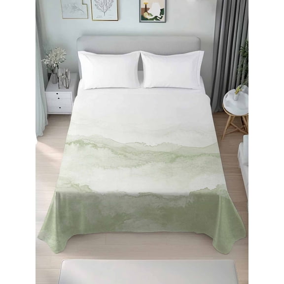Sage Green Ombre Mountain Twim Size Flat Sheet, Wrinkleproof & Fadeproof Cooling Flat Bed Sheet Only, Nature Abstract Art Marble Breathable Soft Bedding Top Sheets 66 x 96 Inches