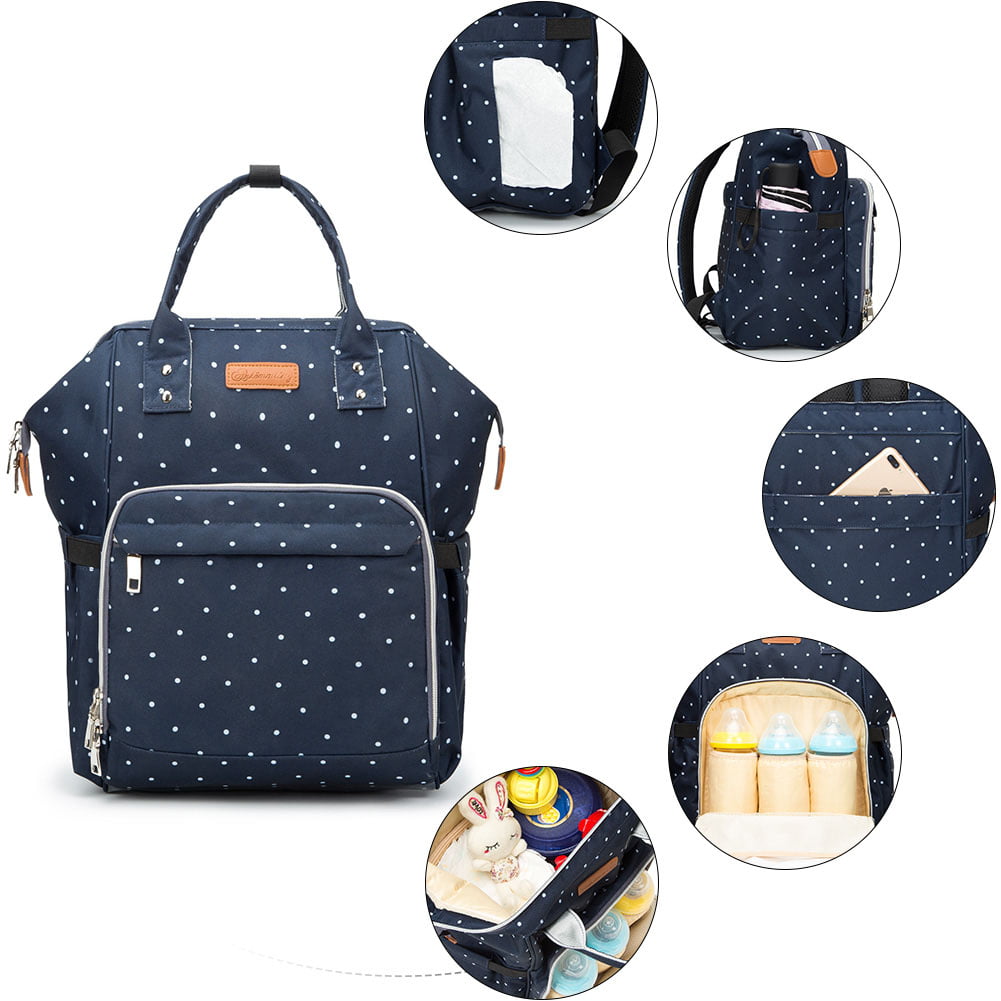 Multi-Function Polka Dots Mummy Baby Diaper Nappy Changing Tote Shoulder Handbag Messenger Bag Light Weight with Bottle Bag Changing Mat Zipper Diaper Bag and Changing Mat Blue