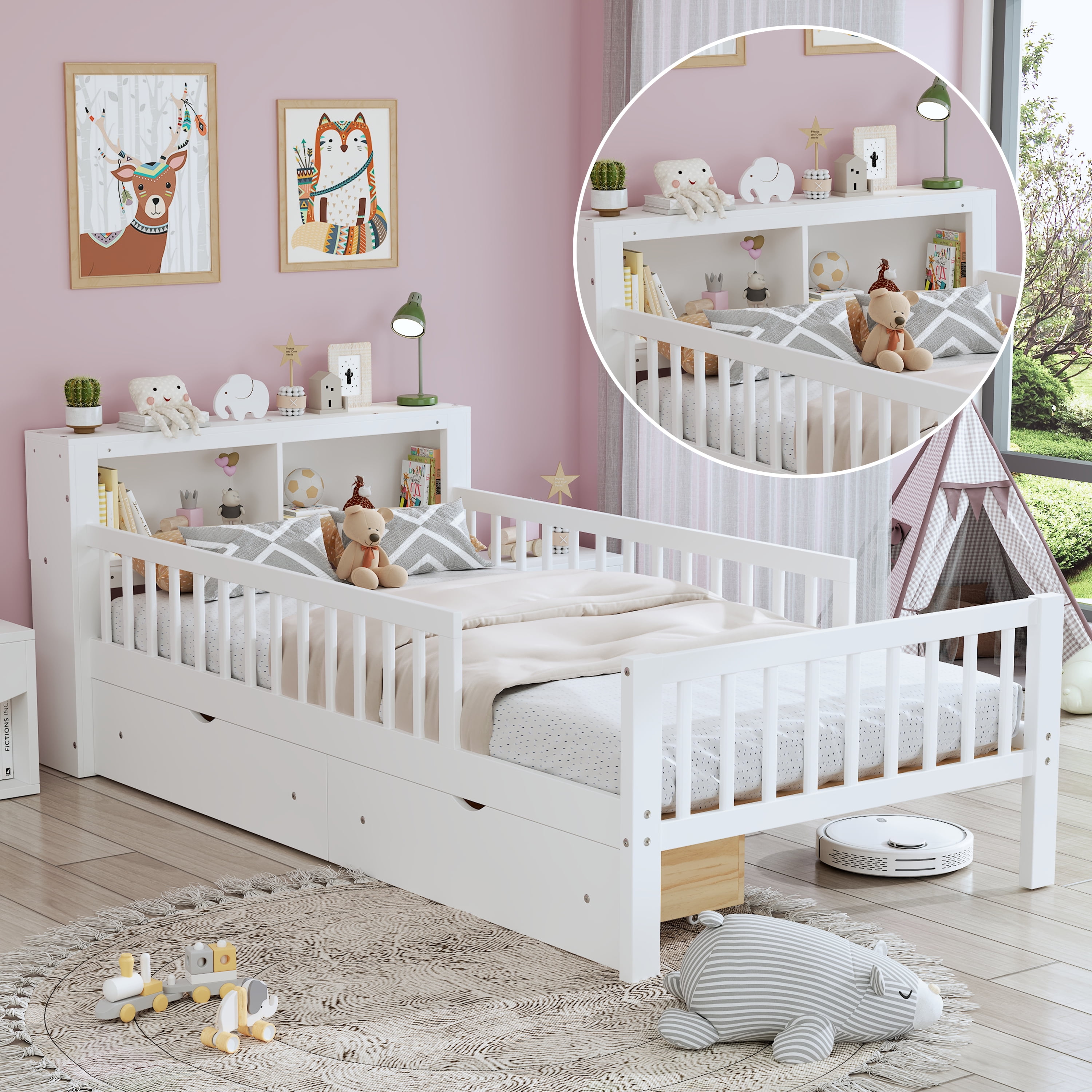 Euroco Wood Twin Size Platform Bed with Storage Headboard and Drawers, Low Profile Bed with Guardrails for Kids and Toddlers, White