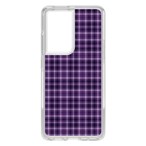 DistinctInk Clear Shockproof Hybrid Case for Galaxy S21 ULTRA 5G (6.8" Screen) - TPU Bumper, Acrylic Back, Tempered Glass Screen Protector - Purple Black Plaid