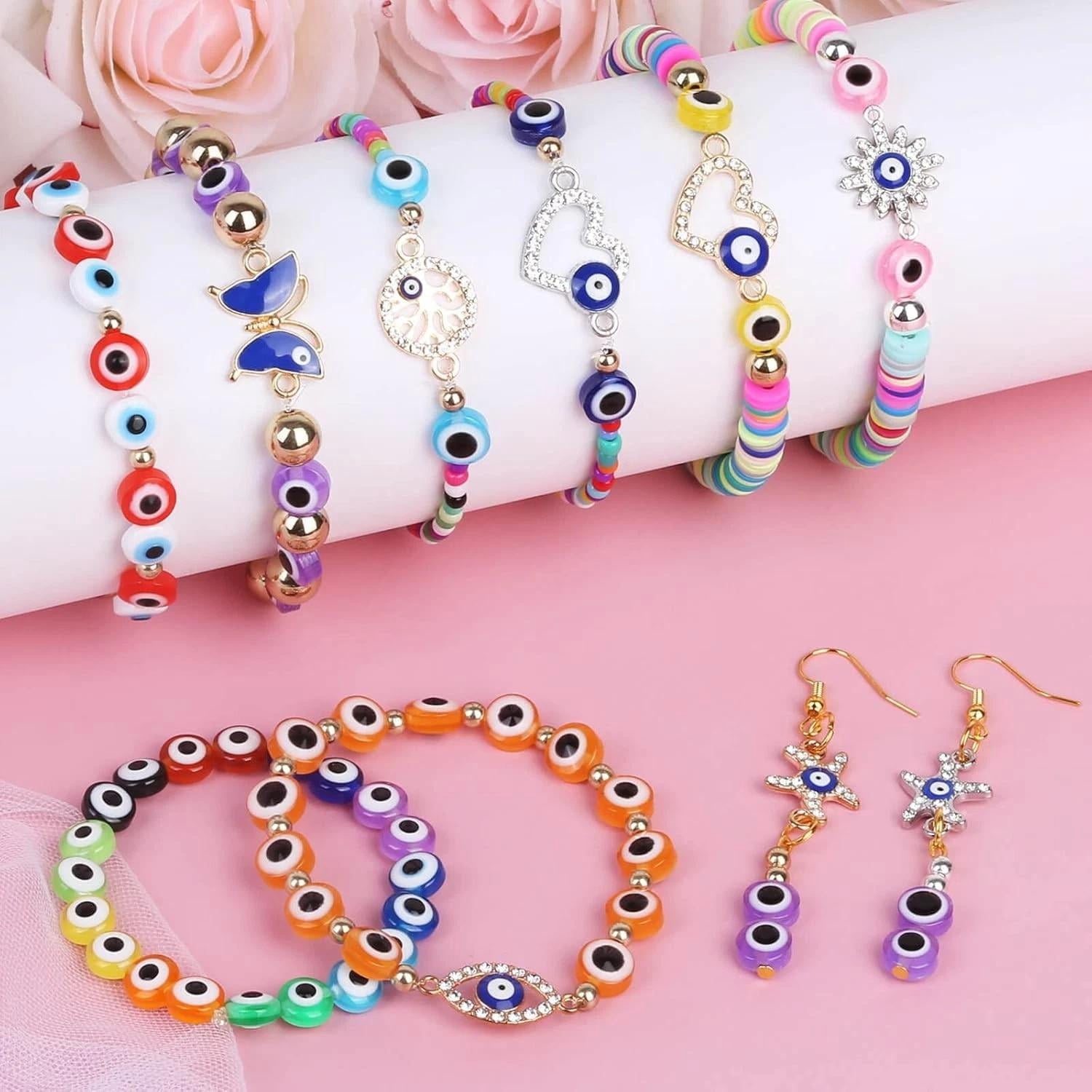 Evil Eye Charms/bracelet Making Kit With Glass Seed Clay Beads And Elastic Strin