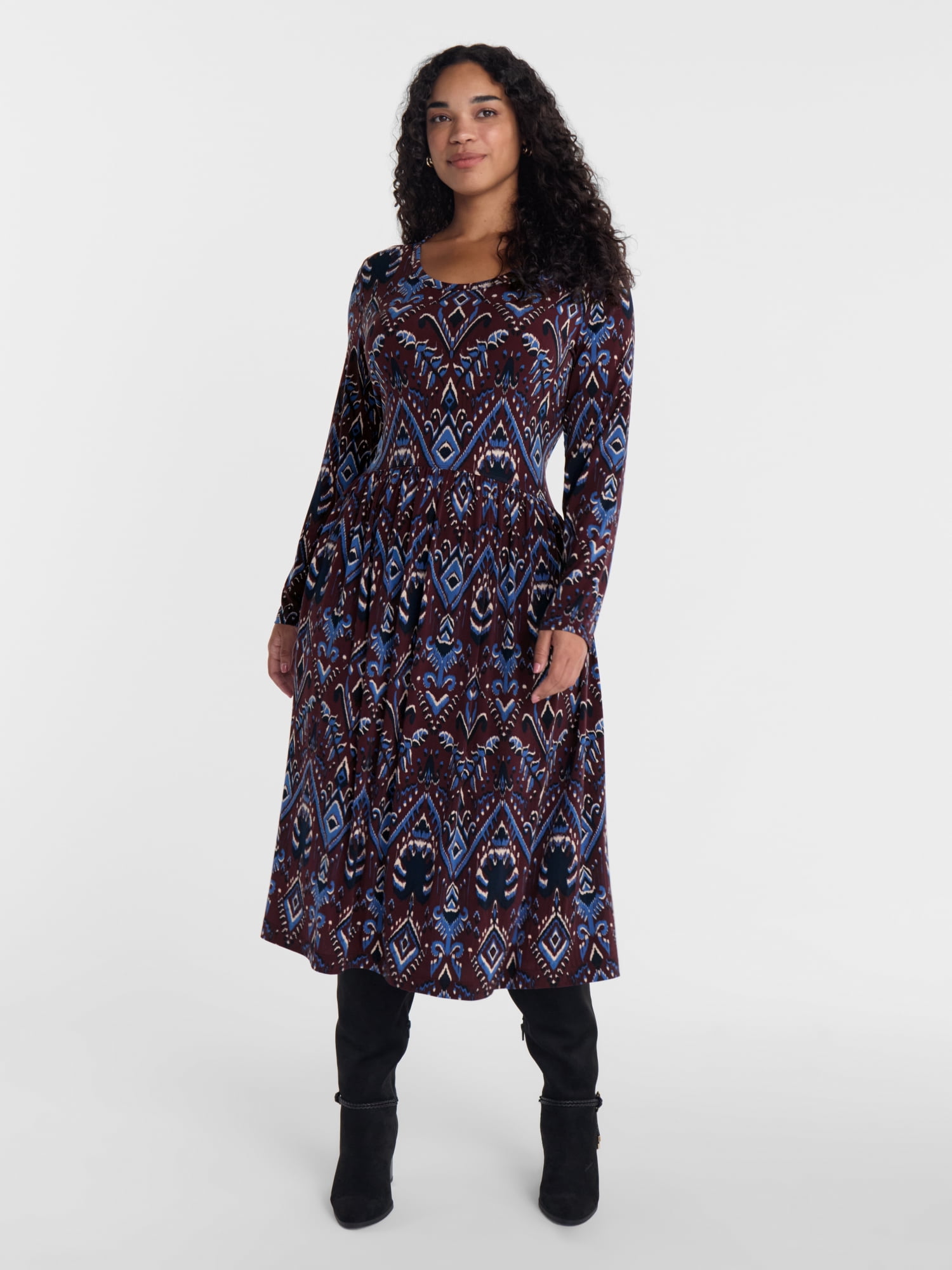 Scenario Women's Scoop Neck Midi Dress with Long Sleeves, Sizes XS-XXXL