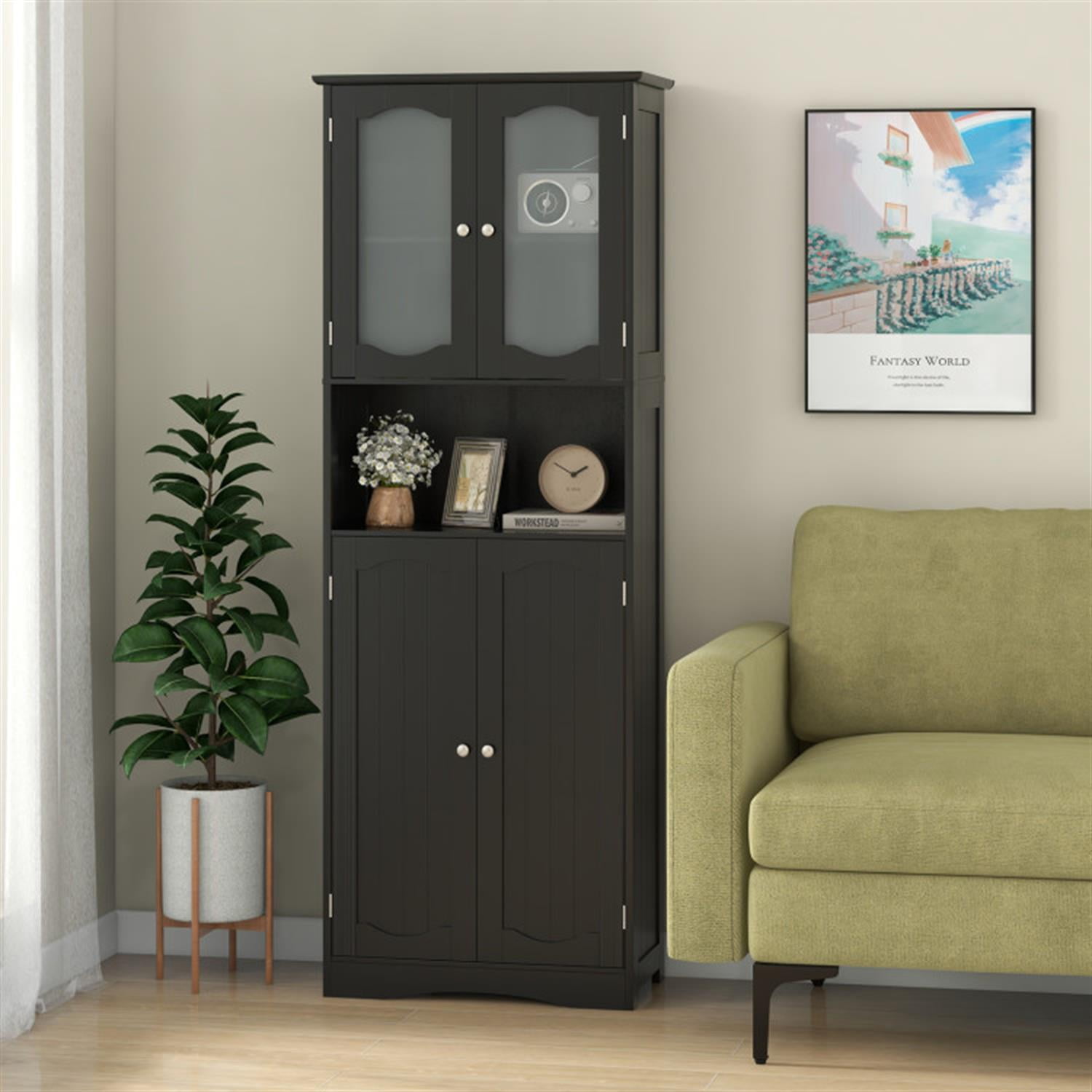 Demi Bonn 64.5" Tall Freestanding Bathroom Storage Cabinet with Frost Glass Doors and Shelves, Pantry Cabinets, Black