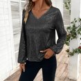 thumbnail image 2 of Laqbezok Dazzling Sequin V Neck Balloon Sleeve Top, Women's Shimmering Evening Party Blouse, Glamorous Sparkly Holiday Outfit, 2 of 8