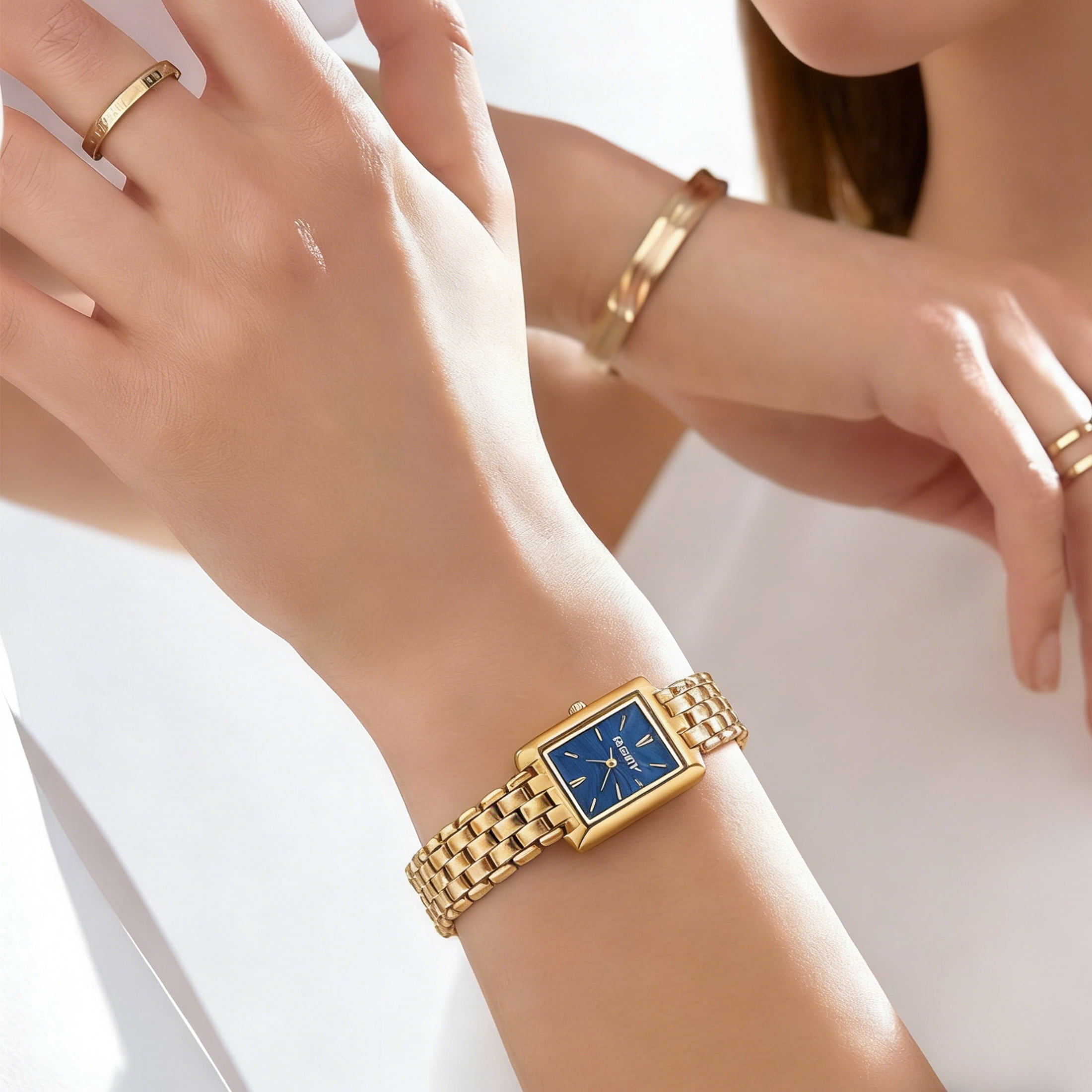 BERNY Women's Classic Gold Tone Square Quartz Watch, Stainless Steel Bracelet Band, 3ATM Water Resistant, Waterproof Watch Mother's Day Gift for Women (Blue)