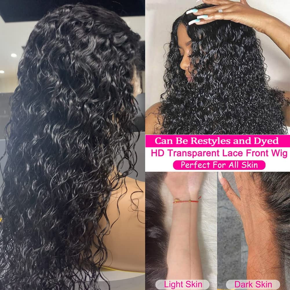 Water Wave Lace Front Wigs 180 Density 13x4 HD Lace Frontal Wigs Pre Plucked with Baby Hair Glueless Water Wave Wig Unprocessed Brazilian Virgin Human Hair Wigs for Black Women Natural Color 16Inch Wa...
