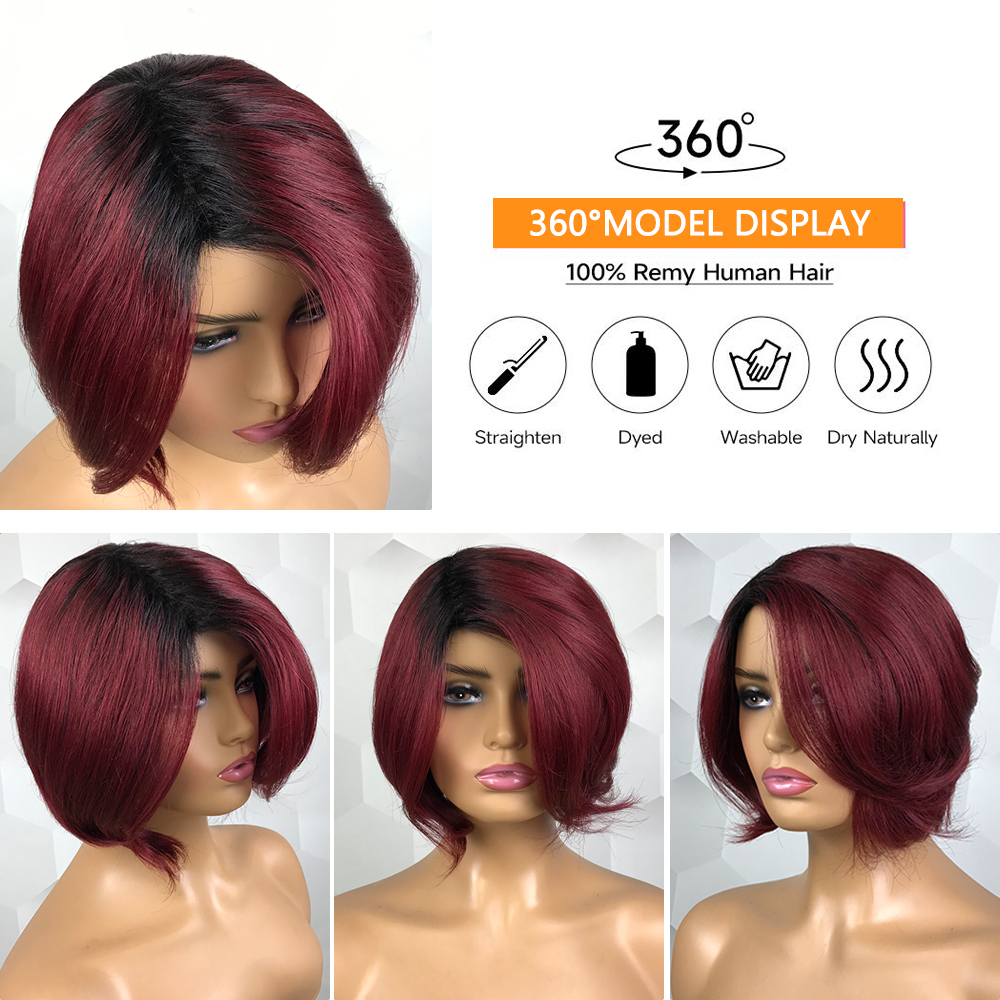 Ombre Butgundy Red Color Short Bob 100% Human Hair Full Machine Made Wig Easy To Put On And Take Off Sport Side Part Pixie Cut Natural Black 99j Remy Brazilian Human Hair No Lace Wig For Women