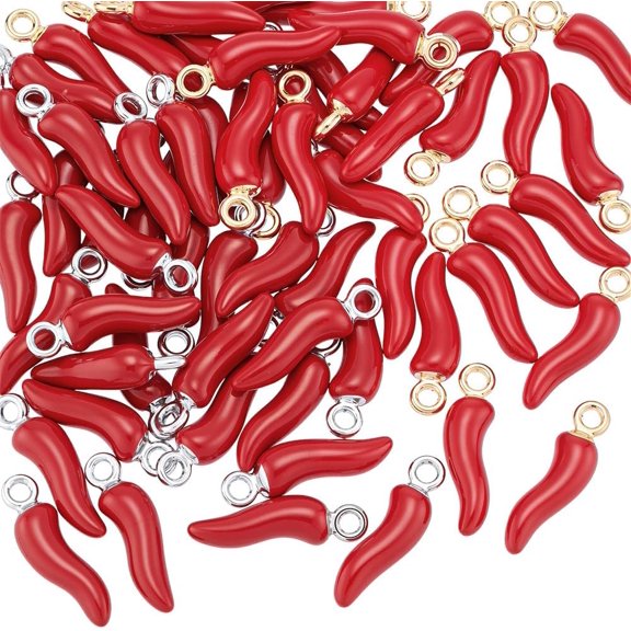 60Pcs 2 Color Alloy Enamel Red Chili Pepper Charms Fiery Resin Charm Pendants with Loop Vegetable Dangle Pendant Bulk Lucky Horn Shape Jewelry Charm for DIY Craft Jewelry Making