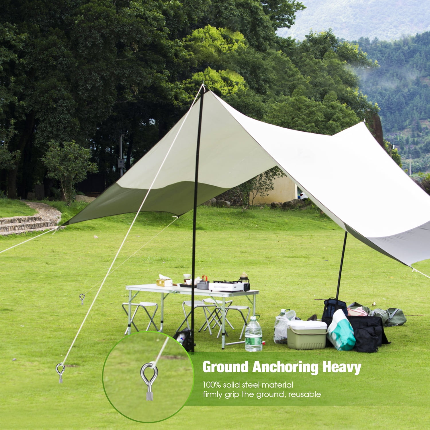 Urban Deco 10.6 Inch Spiral Ground Anchors with T-Hook Silver Spiral Stake Outdoor Heavy Duty Camping Stakes Spiraling Anchor Ground Anchors with 4 Strong Belts for Tent, Trampolines, Sheds, Swings
