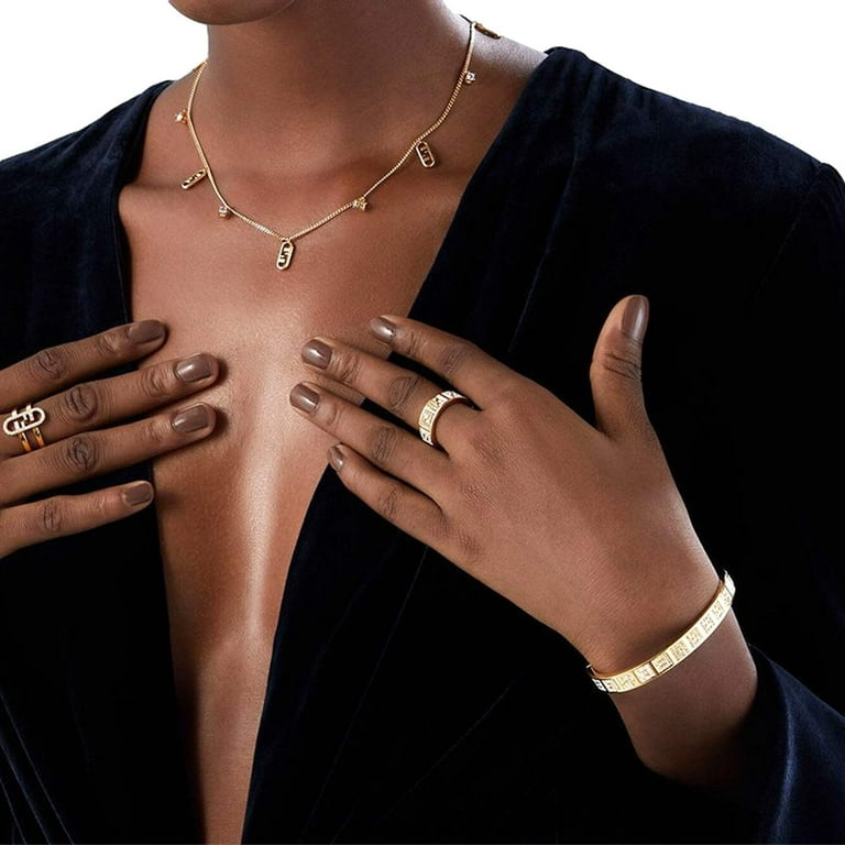 Fendi FF Crystal Embellished Wide Band Gold Ring Small Fendi FF Crystal Embellished Wide Band Gold Ring Small