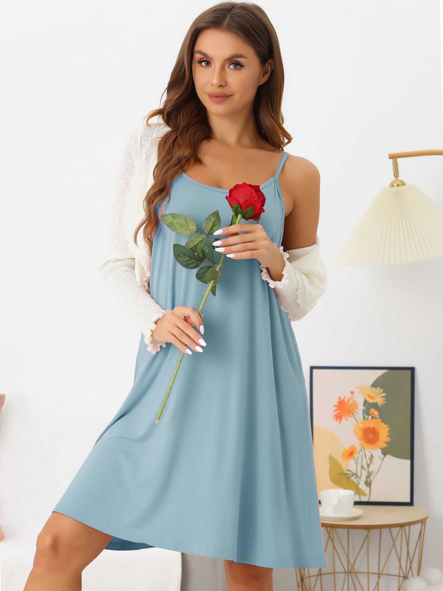 DARING DIVA Women's Sleeveless Spaghetti Strap Cross Back Nightwear 3XL Blue