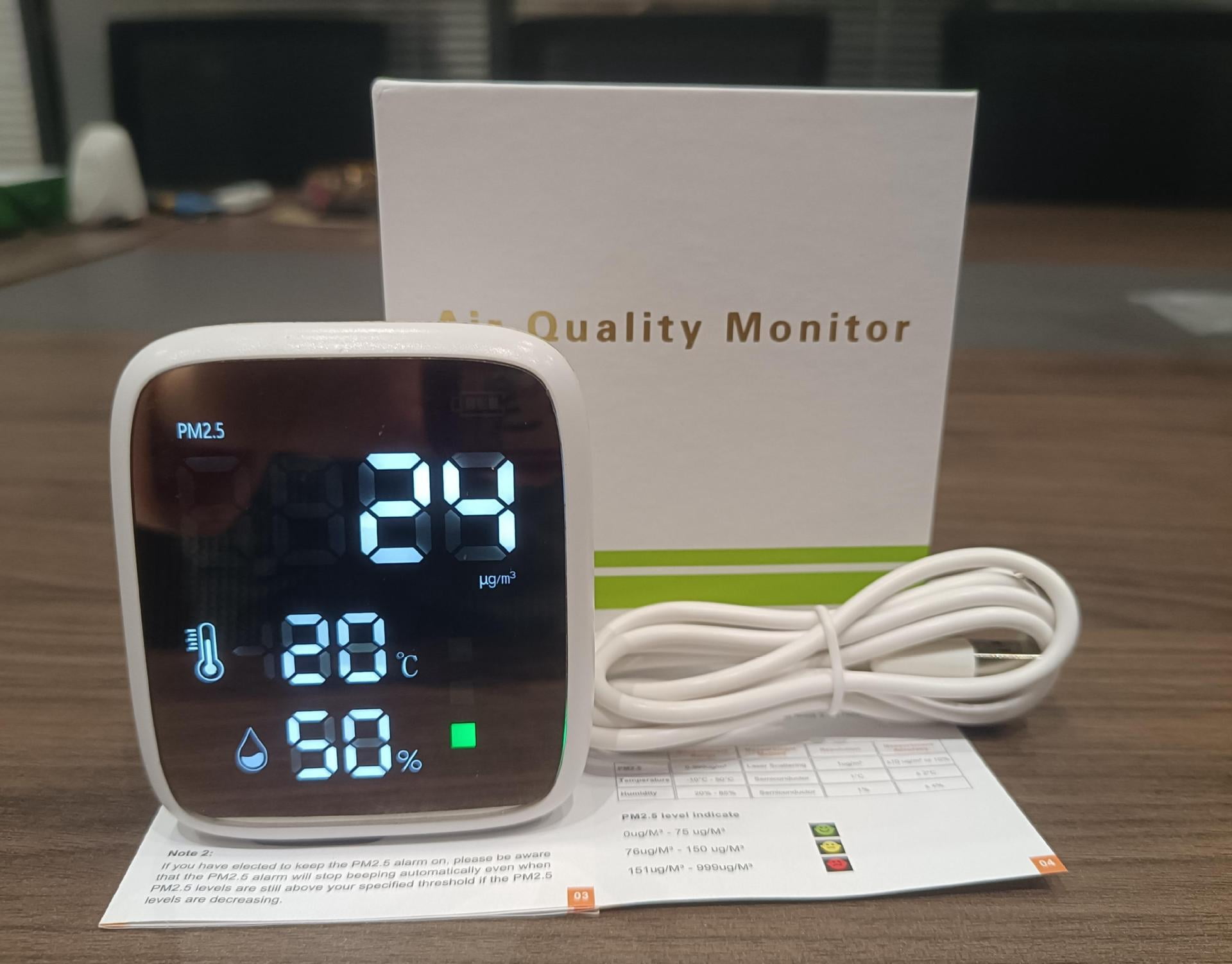 White ABS mini 3-in-1 air quality detector-PM2.5/real-time monitoring of temperature and humidity ｜Laser sensor + three-color over-standard alarm｜0-999µg/m3 range
