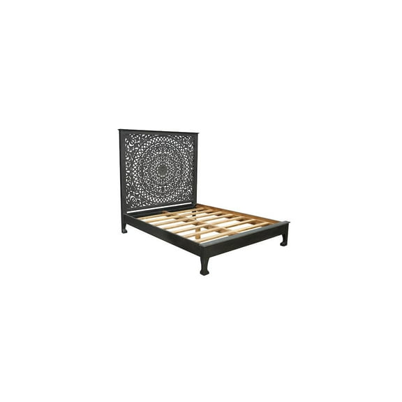 Taran Designs Gianna Floral Carved Solid Wood Queen Bed in Black