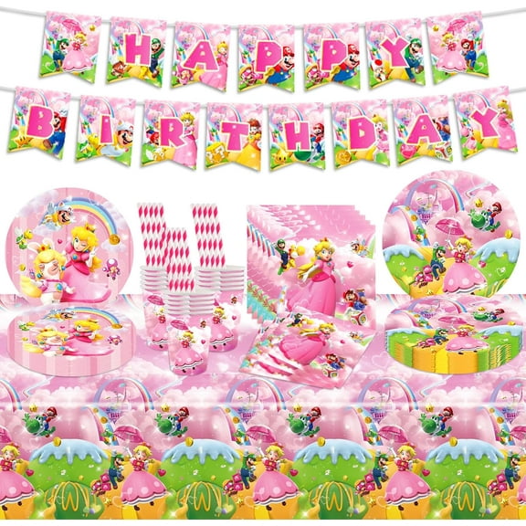 Party Decorations, 62Pcs Princess Peach Birthday Decorations, Party Supplies-20 Napkins, 1pcs Birthday Banner, 10pcs Cups, 10pcs Straws, 20pcs Paper Plates, Table Cloth Party Bags