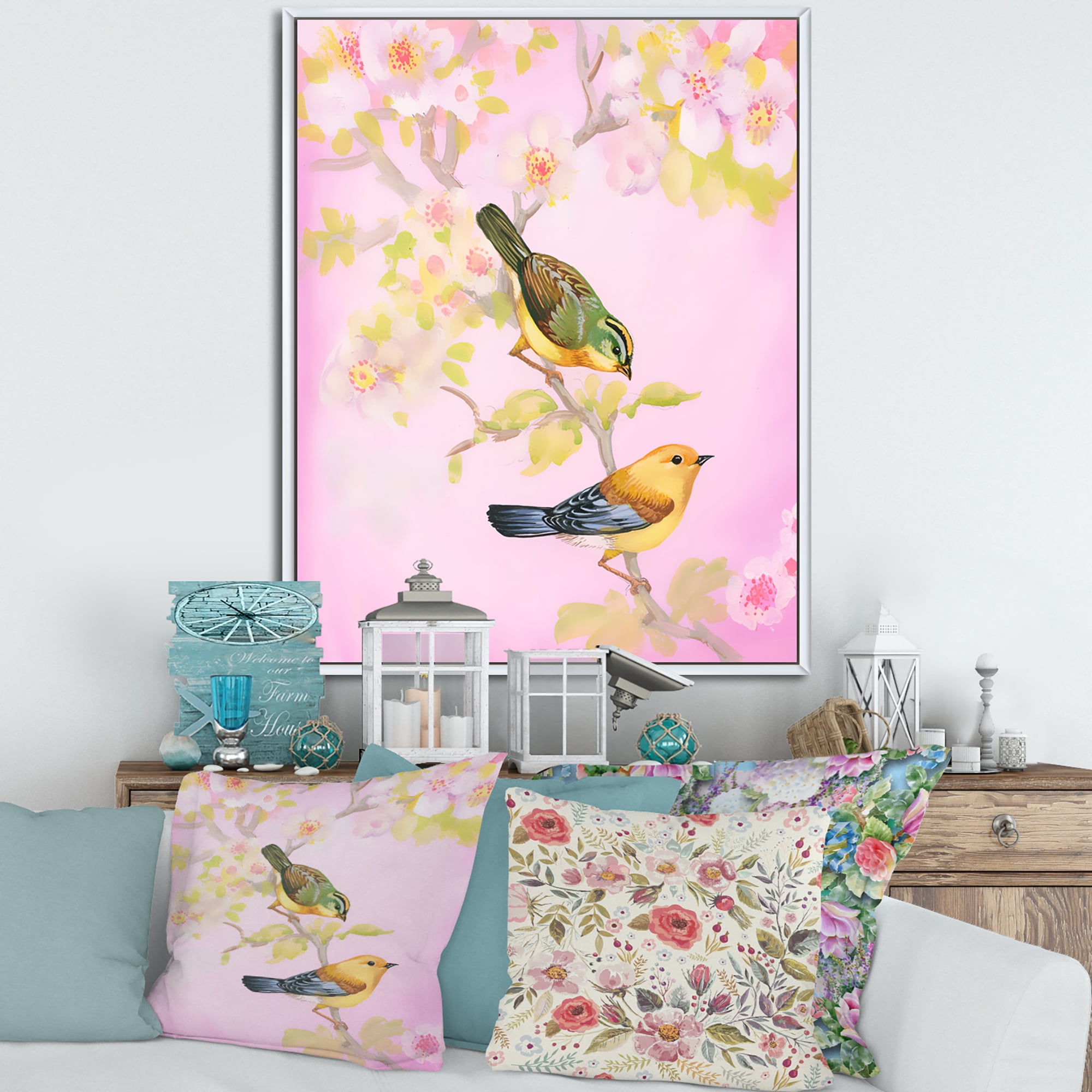 Designart 'Beautiful Bright Birds Sitting On Branch' Traditional Framed Canvas Wall Art Print