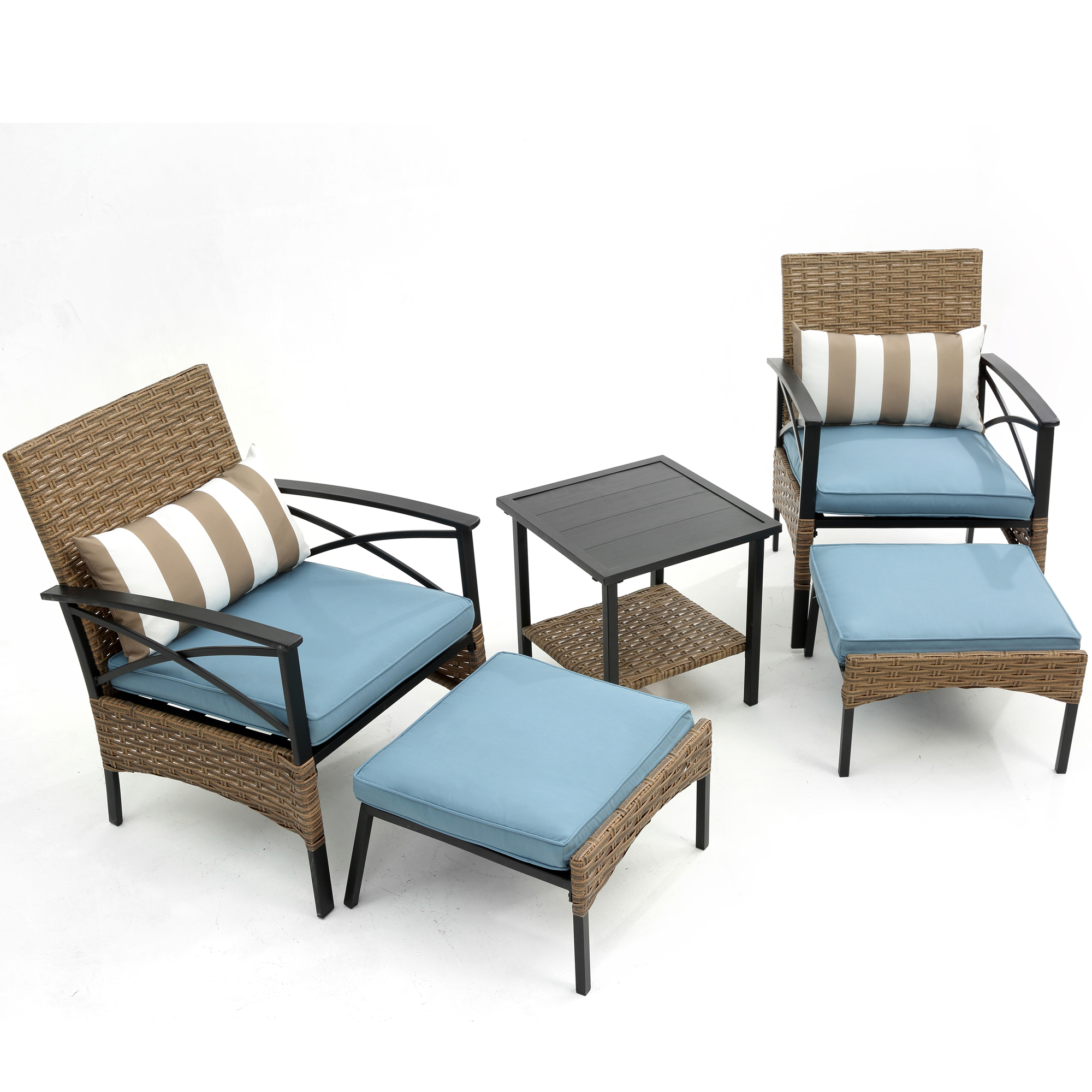 Patio Chairs with Ottomans Set of 2, HSUNNS 5 Piece Balcony Furniture Wicker Patio Chairs with Side Table Set, Cushioned Outdoor Lounge Chair in Black Metal Frame, Blue Remove Cushions - image 1 of 12