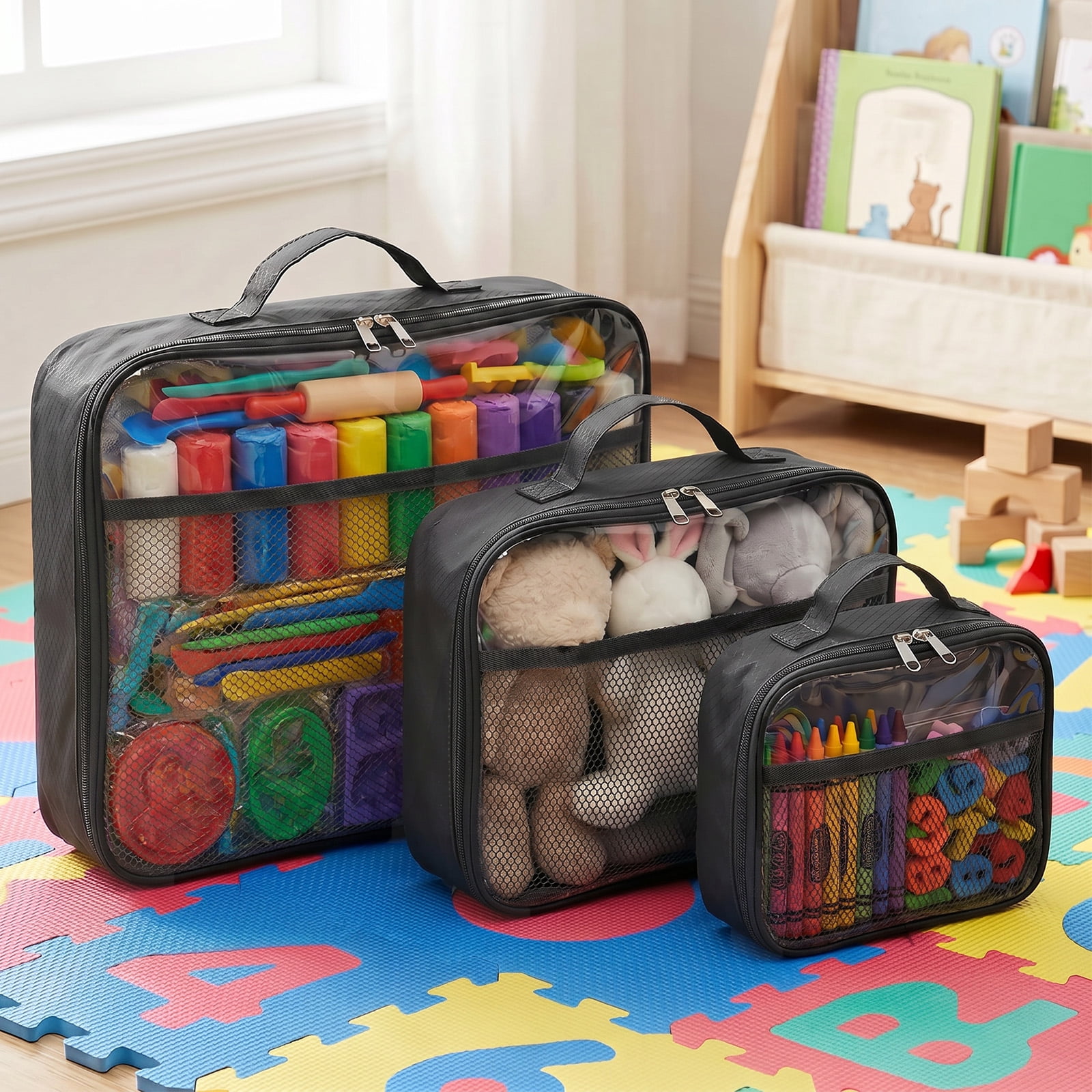 3 Packs PVC Toy Storage Organizer with Zipper Name Tag & Manual Pocket, Clear Durable Case for Blocks Clay Board Games Travel