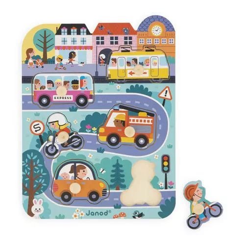 Janod - in Town Puzzle - 6 Pegged Pieces - Wood - Early-Learning - Fine Motor Skills - for Toddlers - from 18 Months + - Multilingual