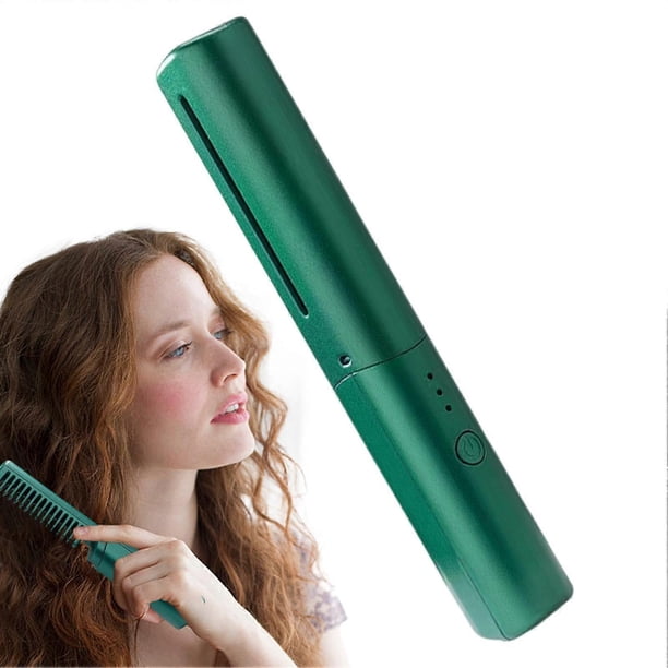 Cepillo alisador de cabello inalámbrico con revestimiento cerámico suave, recargable por USB para mujeres (verde)