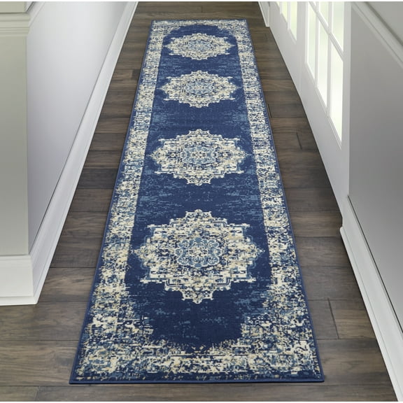 Nourison Transitional Power Loomed Blue Medallion Area Rugs, 2 3 x 10