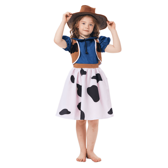 Girls Western Cowgirl Costume Dress with Hat Halloween Cosplay Outfit for Kids