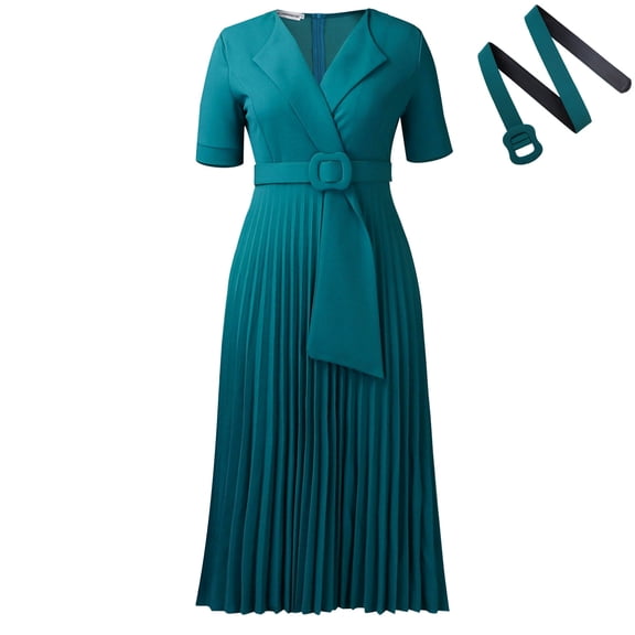 AURA Plus Size Summer V Neck Pleated A Line Dress High Waist Elegant Midi Party Dress XL XXXL