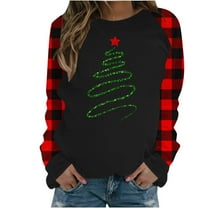 Womens Christmas Buffalo Plaid Shirt Raglan Long Sleeve Tops Crew Neck Sweatshirt Loose Plus Size Holiday Outfit (S, Red 04)