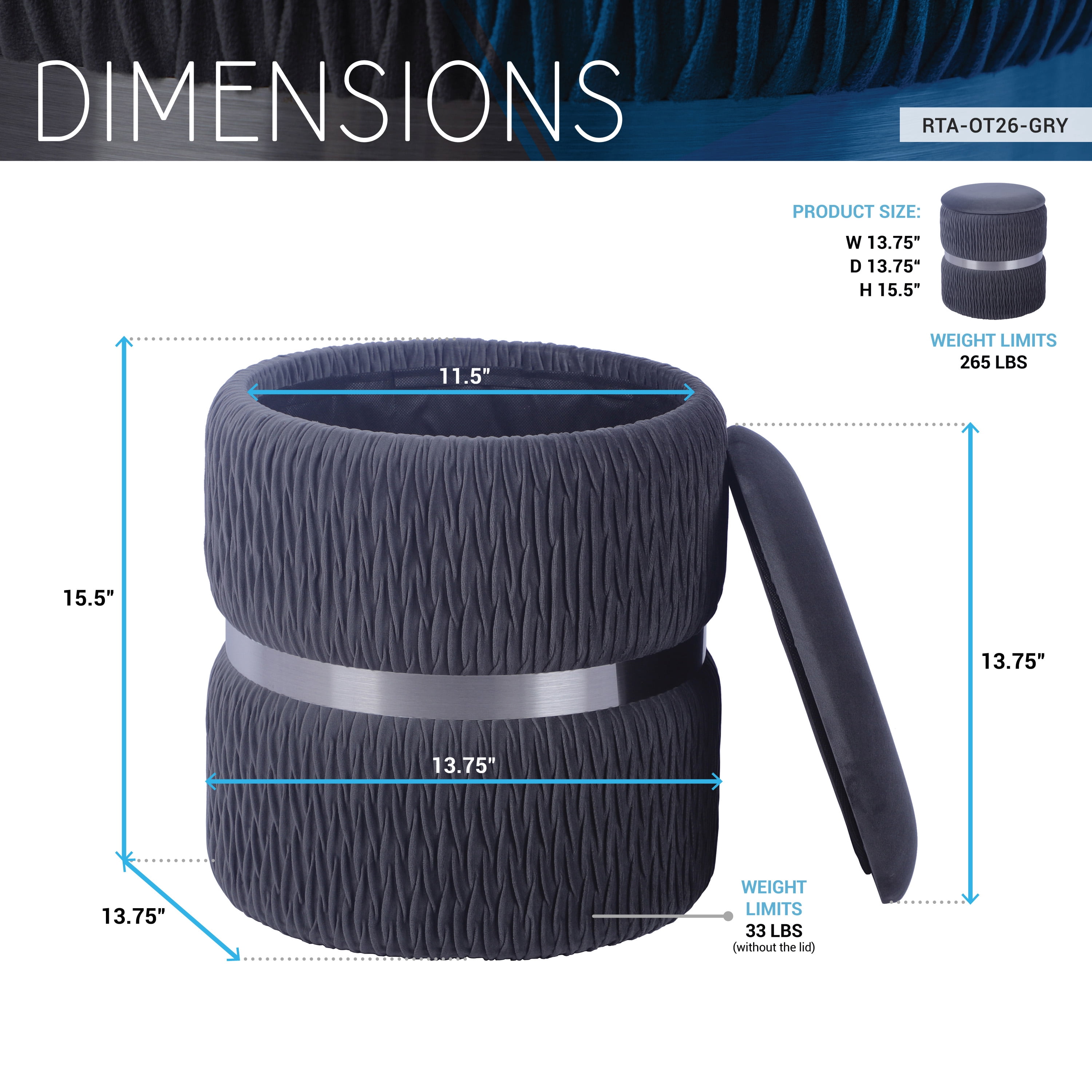 Techni Mobili Modern Velvet Round Ottoman with Storage, Gray