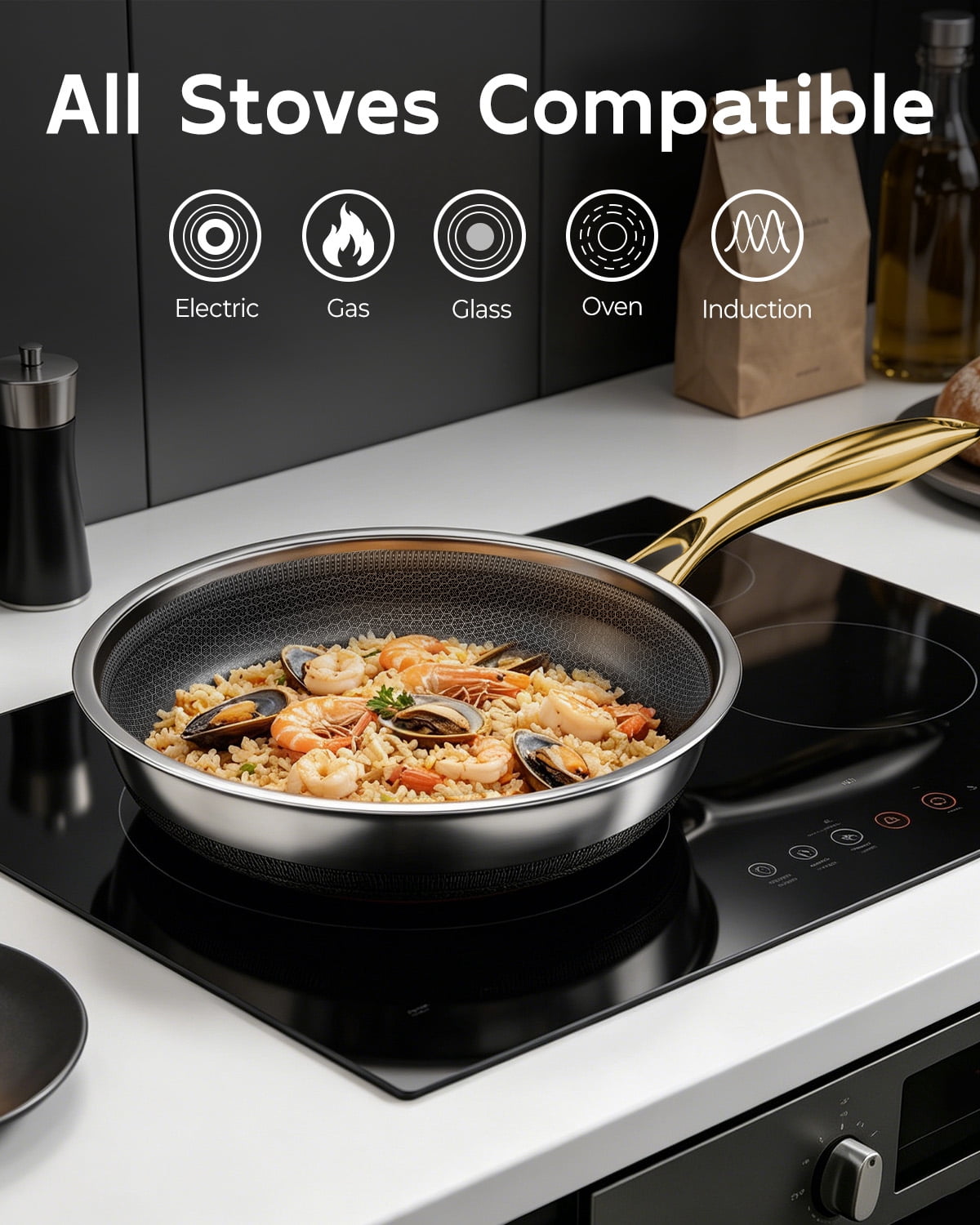 FogDream Non Stick Frying Pans Set, 10 & 11 Inch Tri-Ply  Stainless Steel Pans with Lids  for All Cooktops, Dishwasher & Oven-Safe Cooking Pan,Gold